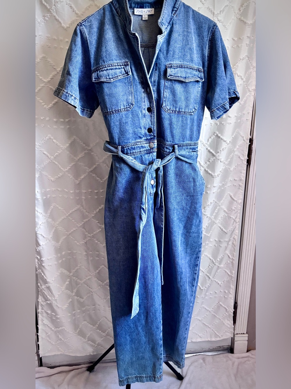 She + Sky Belted Denim Jumpsuit Wide Leg Utility One Piece Size Large